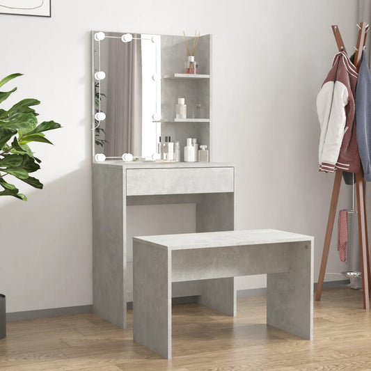 vidaXL Dressing Table Set with LED Concrete Grey Engineered Wood