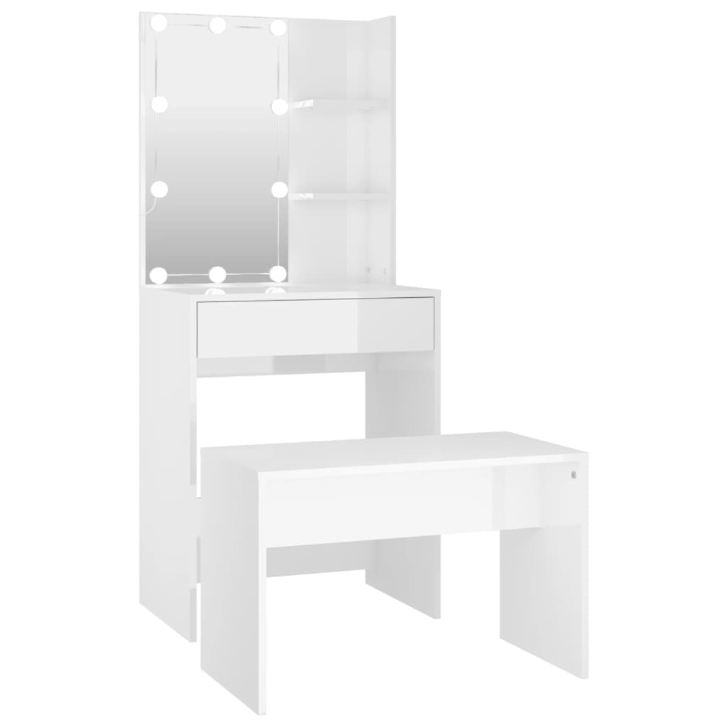 vidaXL Dressing Table Set with LED High Gloss White Engineered Wood