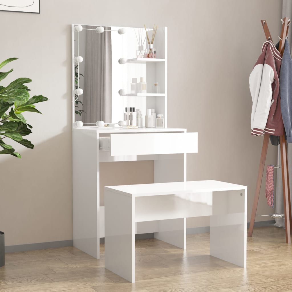 vidaXL Dressing Table Set with LED High Gloss White Engineered Wood