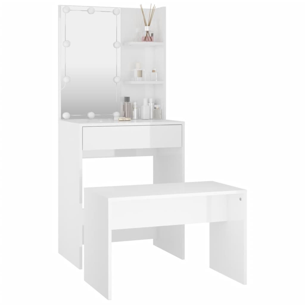 vidaXL Dressing Table Set with LED High Gloss White Engineered Wood