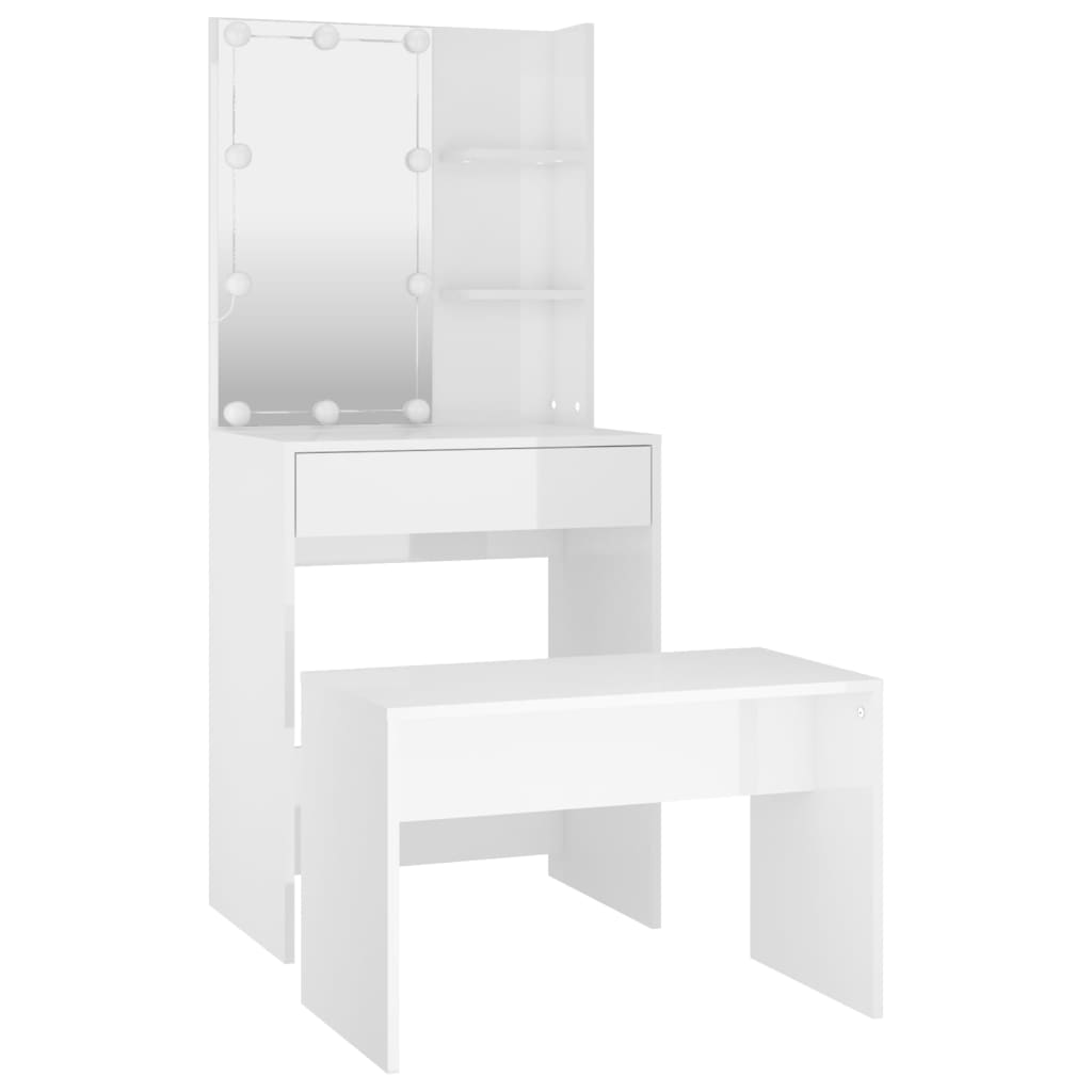 vidaXL Dressing Table Set with LED High Gloss White Engineered Wood