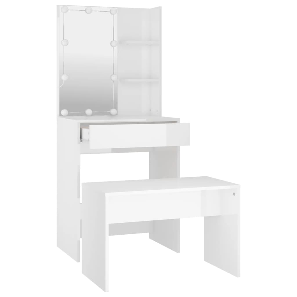 vidaXL Dressing Table Set with LED High Gloss White Engineered Wood