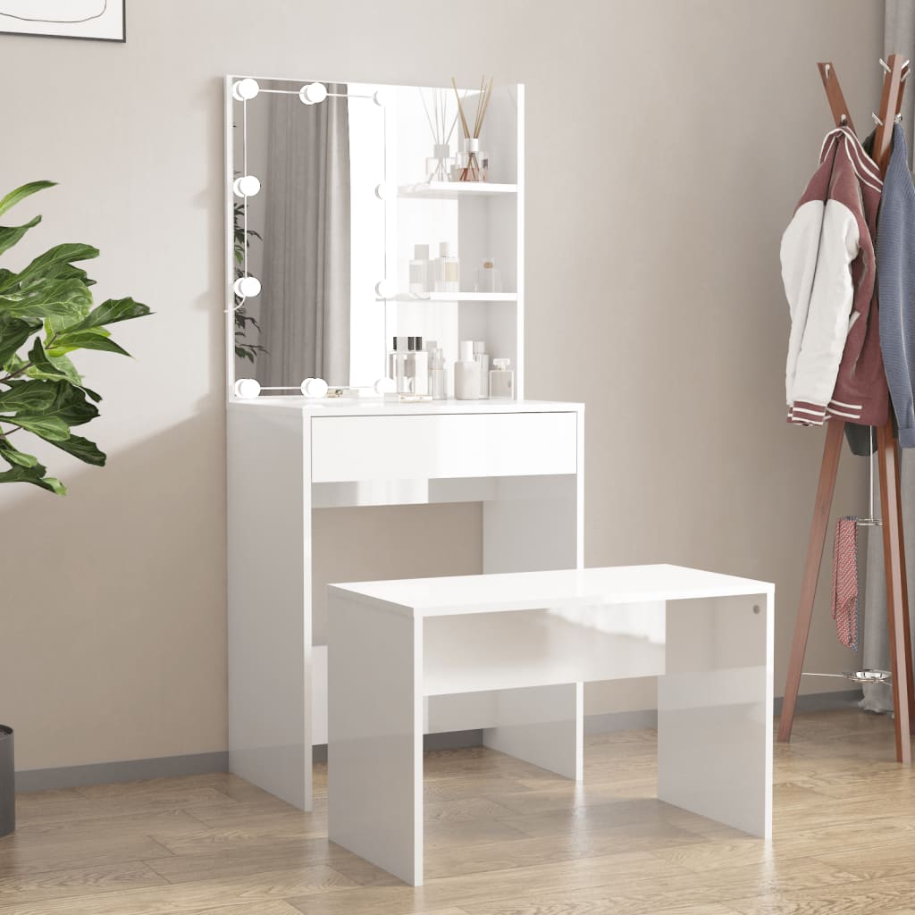 vidaXL Dressing Table Set with LED High Gloss White Engineered Wood