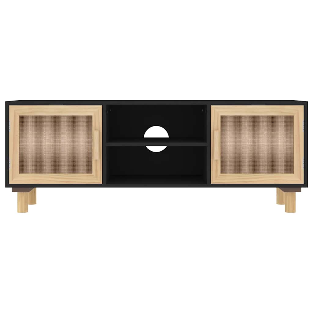 TV Cabinet Black 105x30x40 cm Solid Wood Pine&Natural Rattan