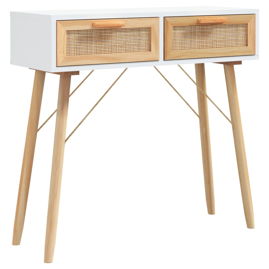 vidaXL Console Table White 80x30x75 cm Solid Wood Pine&Natural Rattan