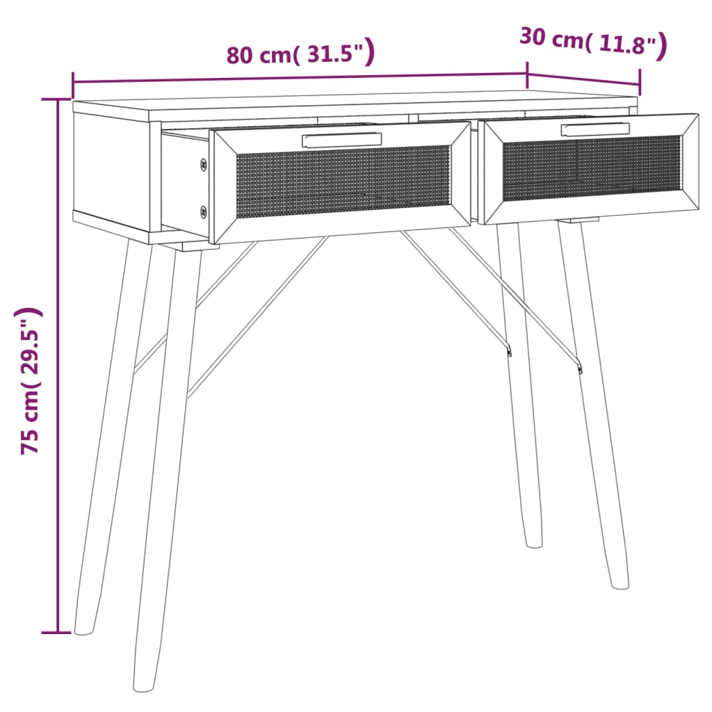 vidaXL Console Table White 80x30x75 cm Solid Wood Pine&Natural Rattan