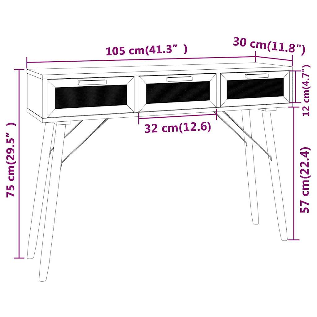 Consoletafel bruin 105x30x75 cm massief grenenhout &amp; natuurlijk rotan