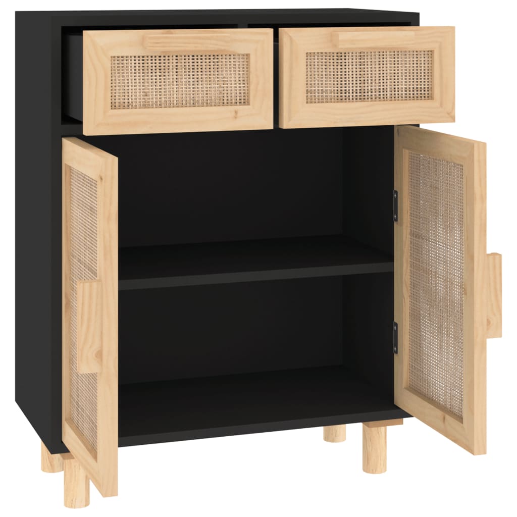 Sideboard | Black | Engineered wood, solid pinewood, natural rattan