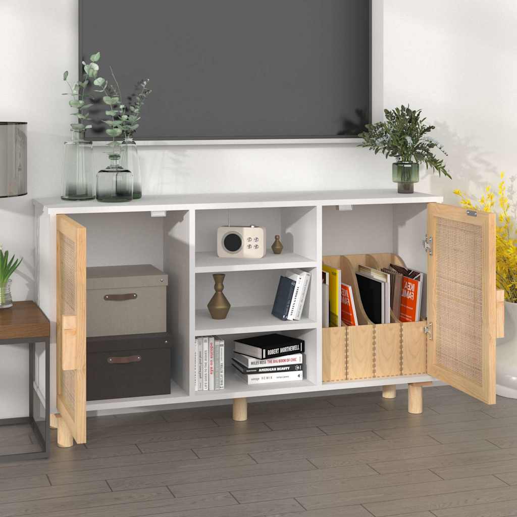 Sideboard | White | Engineered wood, solid pinewood, natural rattan