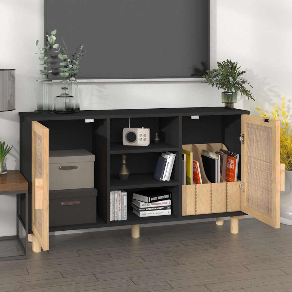 Sideboard | Black | Engineered wood, Solid pine wood, Natural rattan