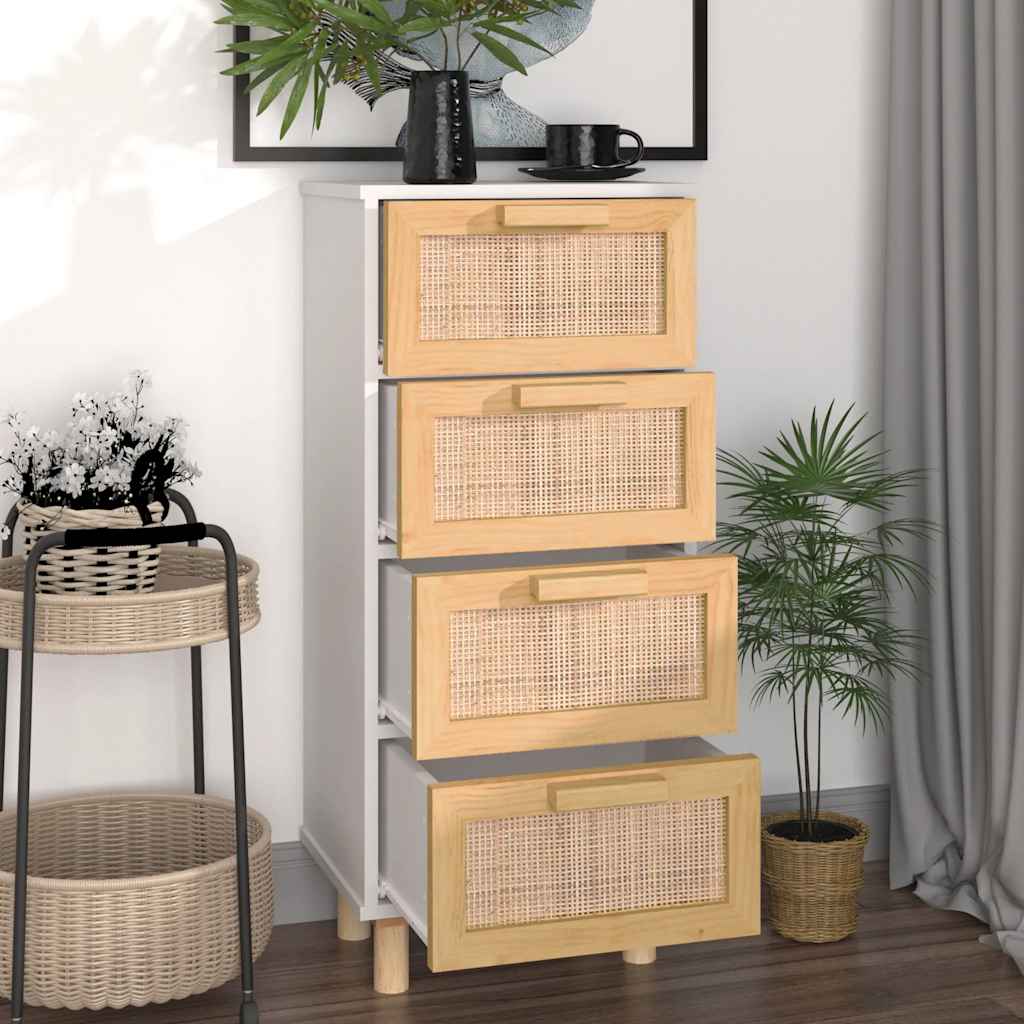 vidaXL Sideboard White 40x30x90 cm Solid Wood Pine and Natural Rattan