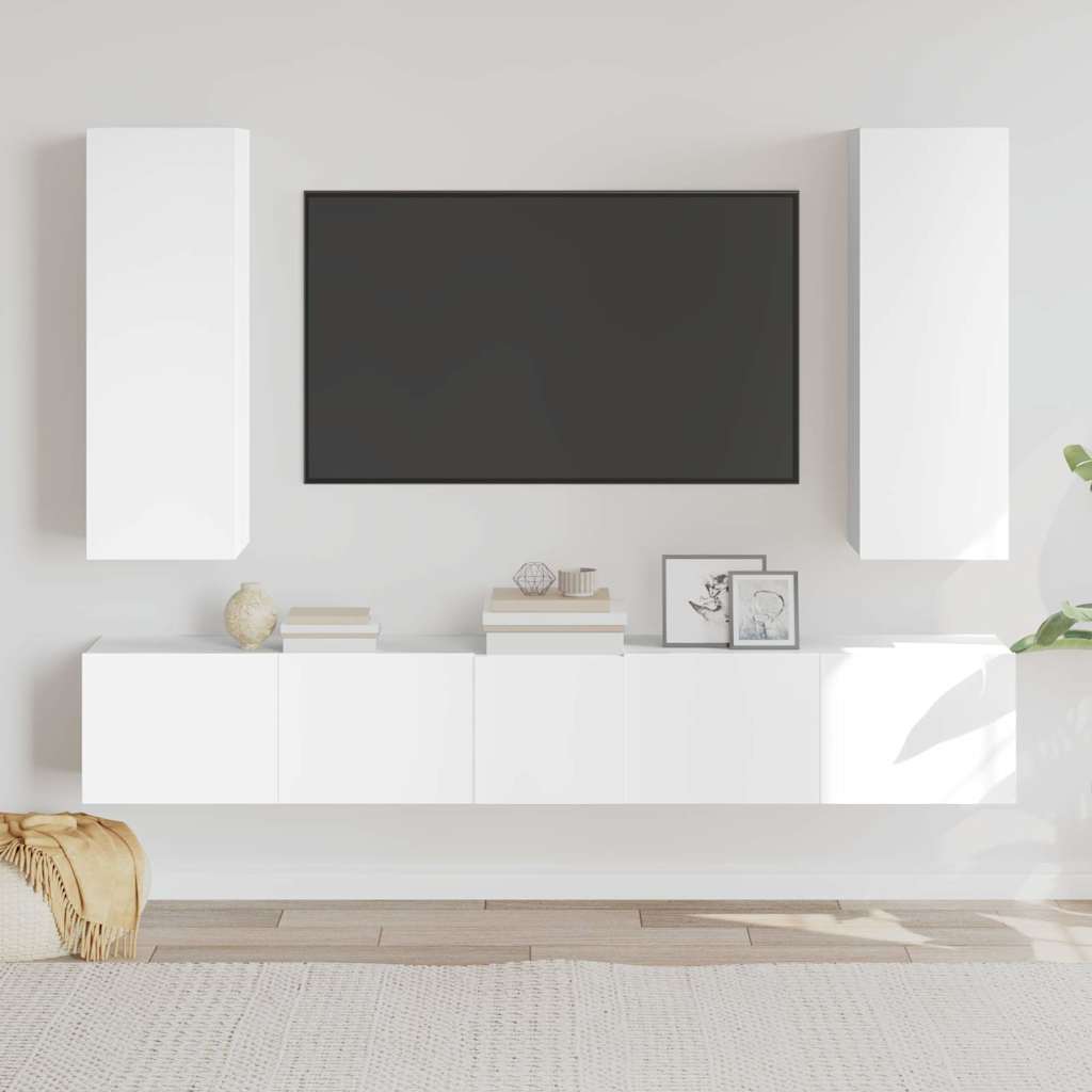 5 Piece TV Cabinet Set White Engineered Wood