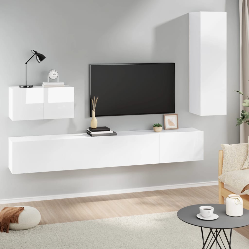 vidaXL 4 Piece TV Cabinet Set High Gloss White Engineered Wood