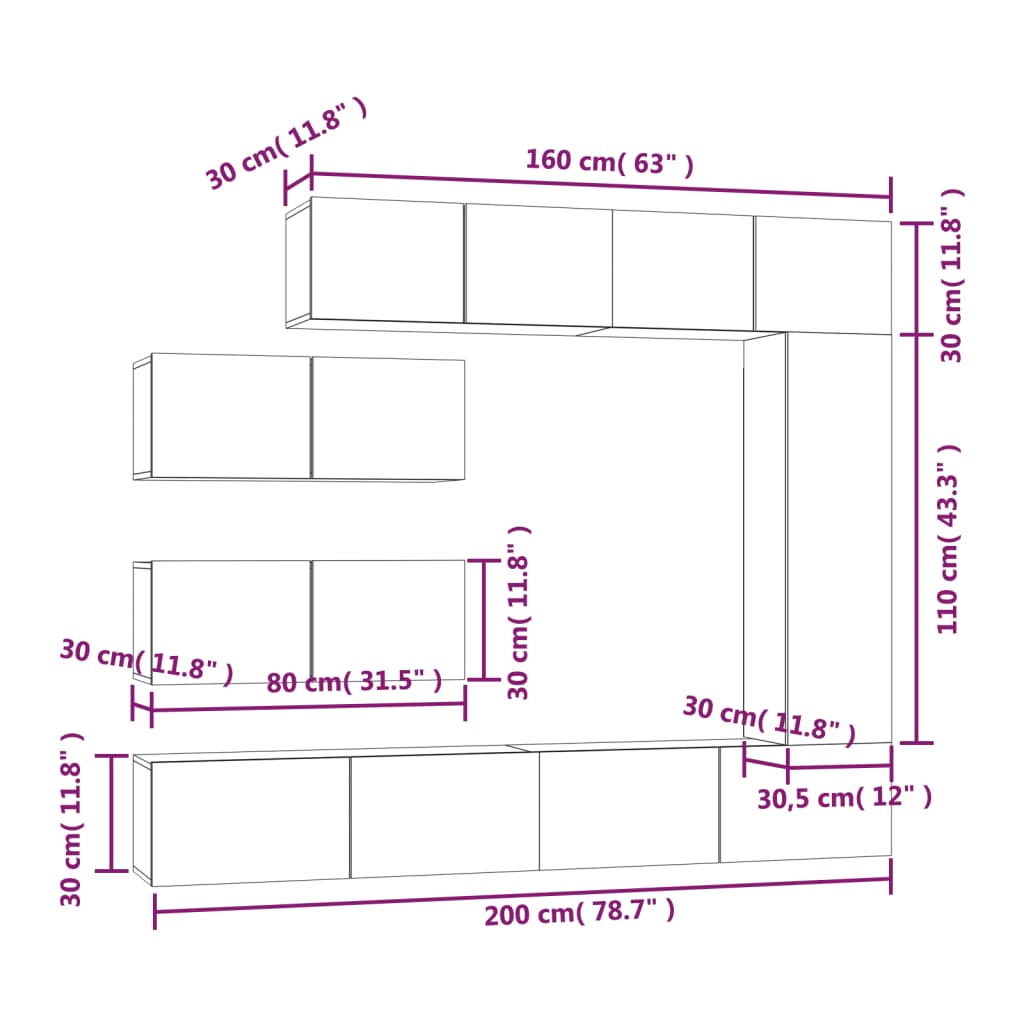Tv Cabinet Set | Set of 7 | Sonoma oak | Engineered wood | Standard
