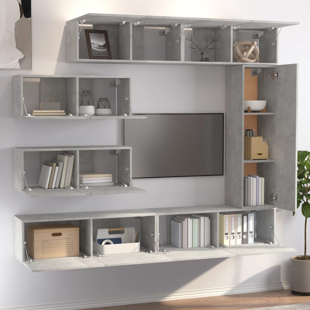 TV Cabinet Set | 7 Piece | Concrete Grey | Engineered Wood | Wall Mounted