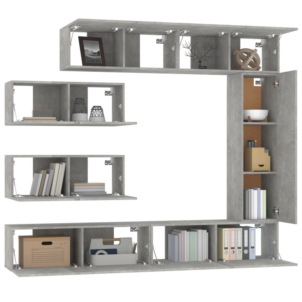 TV Cabinet Set | 7 Piece | Concrete Grey | Engineered Wood | Wall Mounted