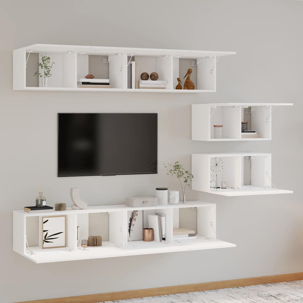 6 Piece TV Cabinet Set White Engineered Wood