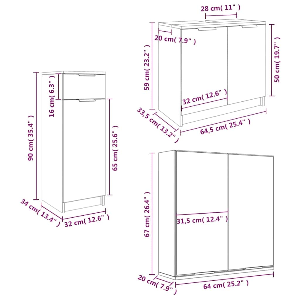 3 Piece Bathroom Cabinet Set Grey Sonoma Engineered Wood