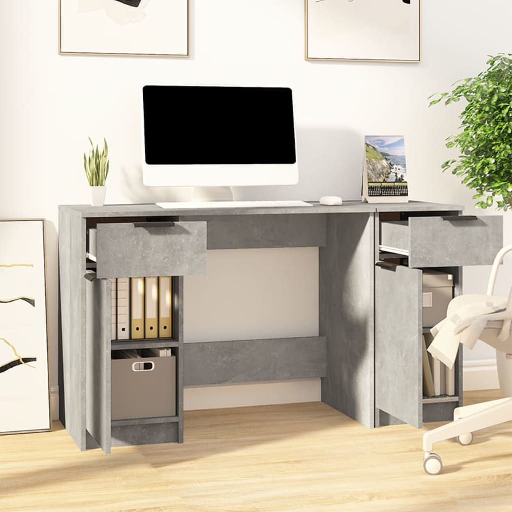 vidaXL Desk with Side Cabinet Concrete Grey Engineered Wood