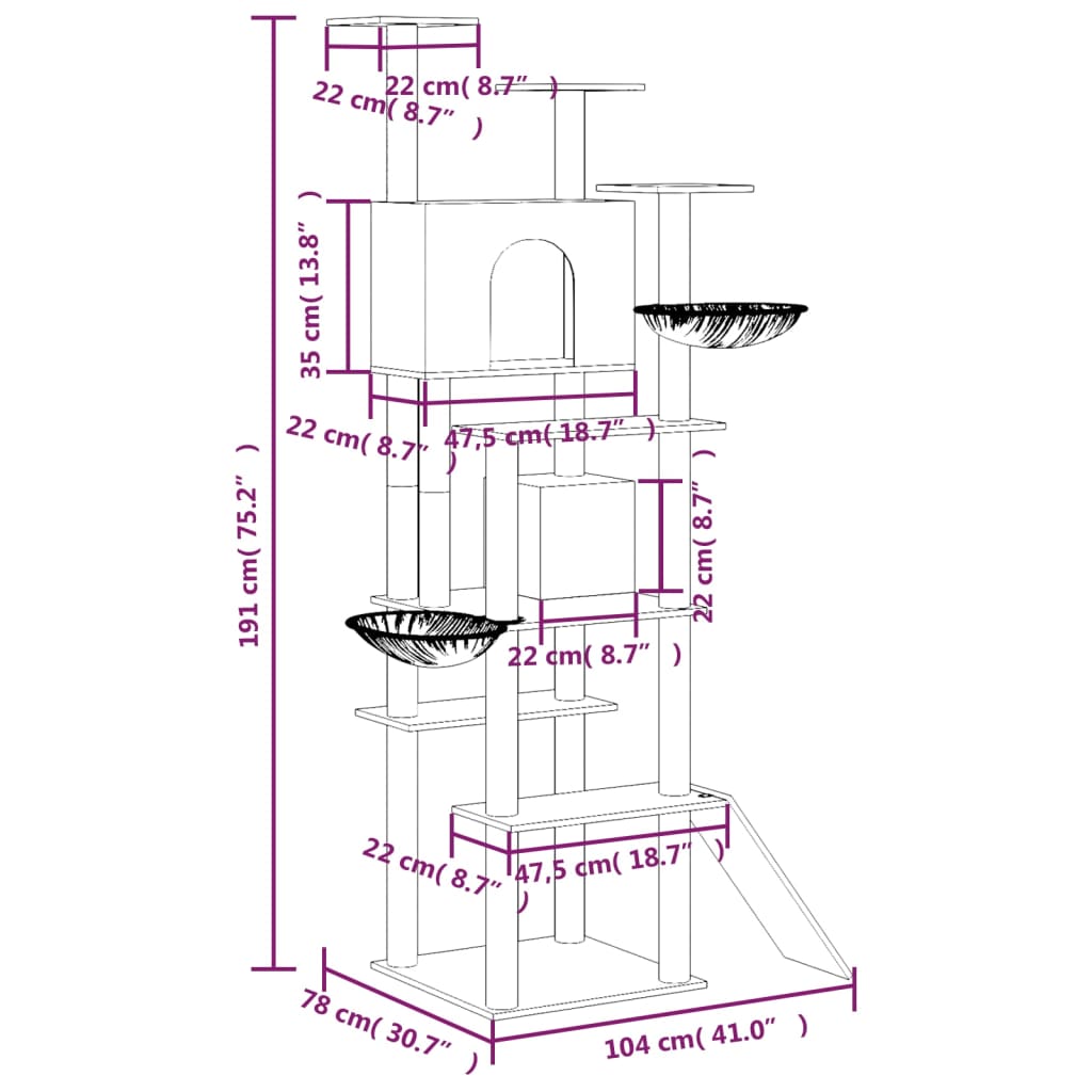 vidaXL Cat Tree with Sisal Scratching Posts Cream 191 cm