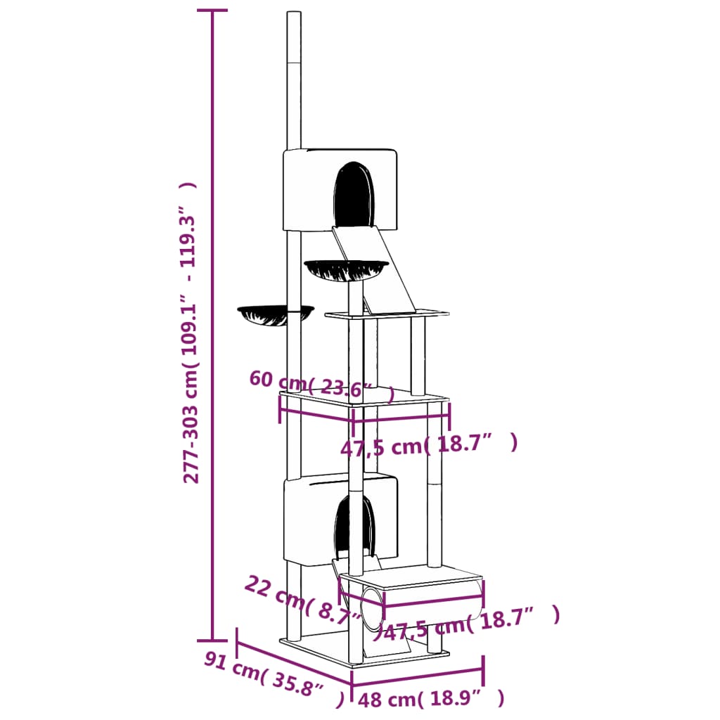 vidaXL Floor to Ceiling Cat Tree Cream 277-303 cm