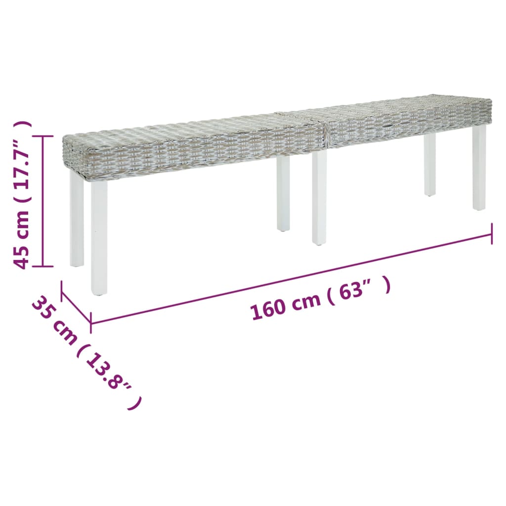 vidaXL Bench White 160x35x45 cm Natural Kubu Rattan & Solid Wood Mahogany