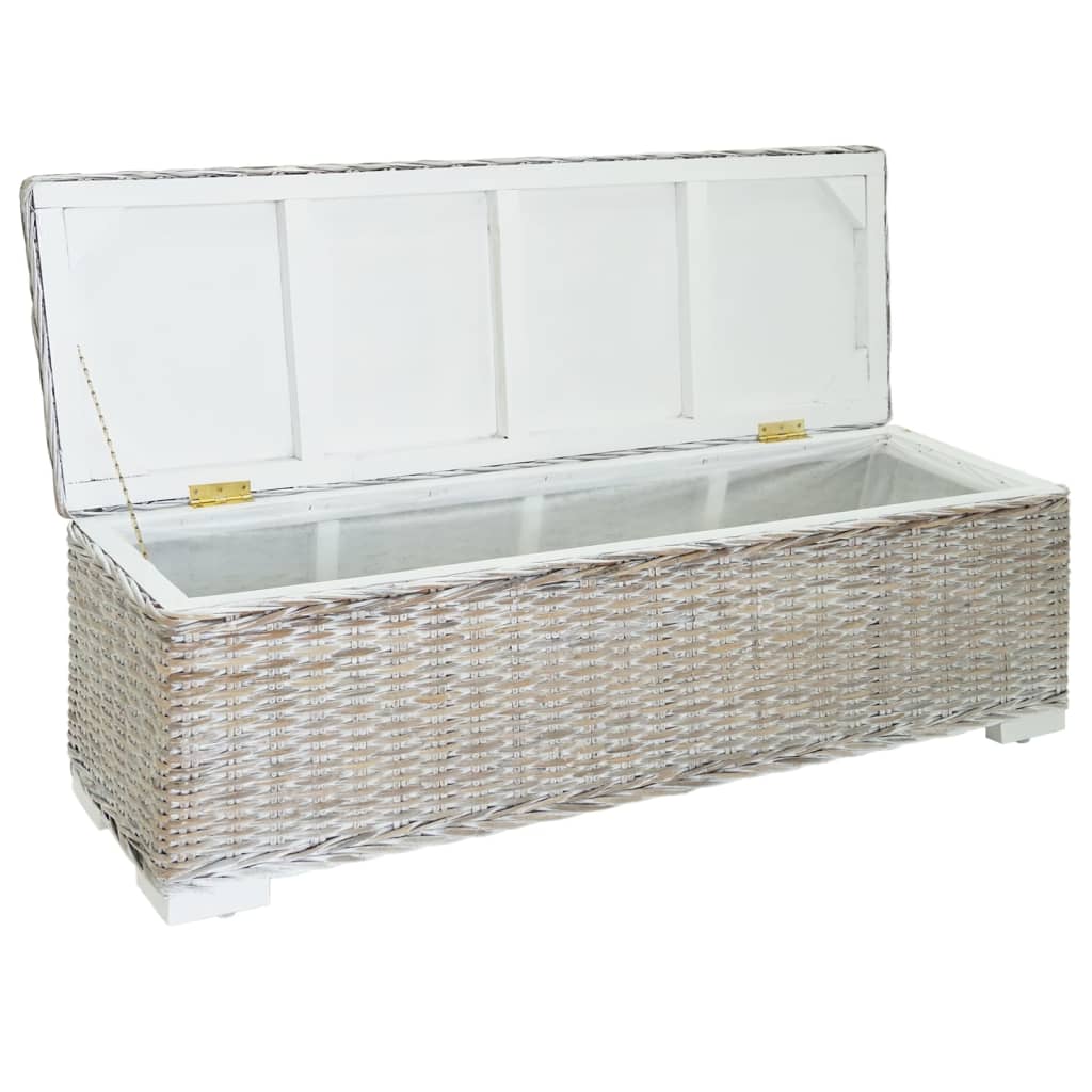 vidaXL Storage Box White 110 cm Natural Kubu Rattan & Solid Wood Mahogany