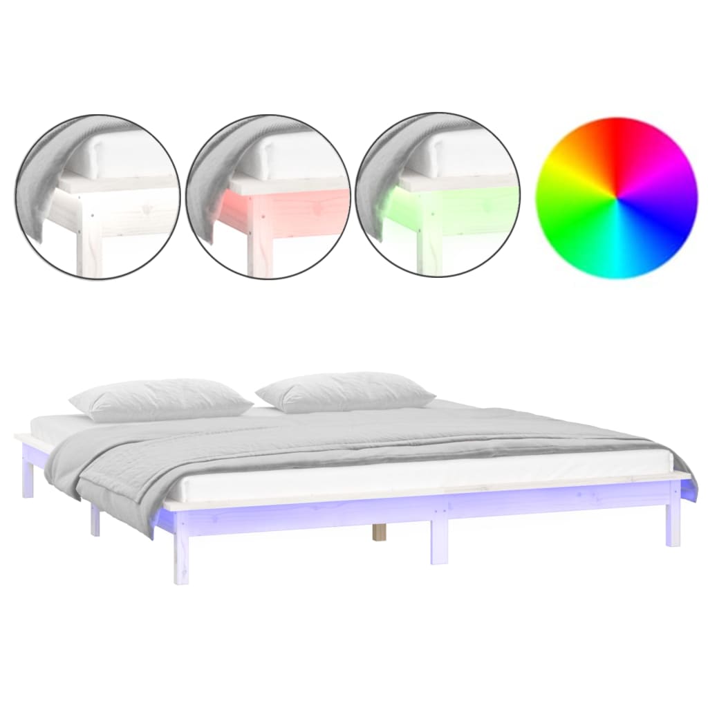 vidaXL LED Bed Frame without Mattress White 150x200 cm King Size  Solid Wood