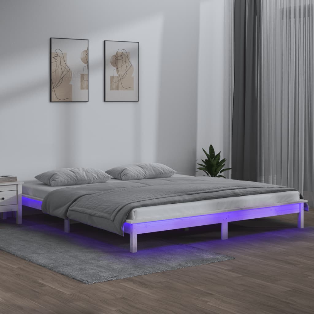 vidaXL LED Bed Frame without Mattress White 150x200 cm King Size  Solid Wood