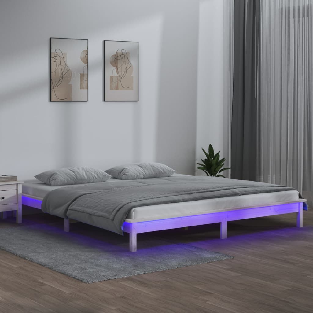 LED Bed Frame without Mattress White 200x200 cm Solid Wood