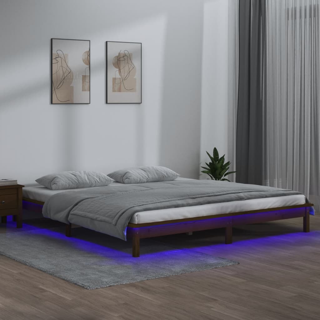 vidaXL LED Bed Frame without Mattress Honey Brown 200x200 cm Solid Wood