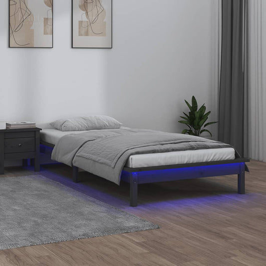 vidaXL LED Bed Frame without Mattress Grey 75x190 cm Small Single  Solid Wood