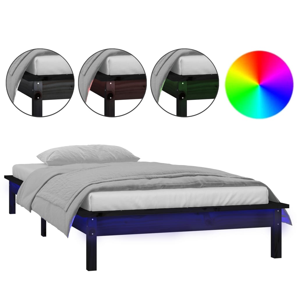 LED Bed Frame without Mattress Black 75x190 cm Small Single  Solid Wood