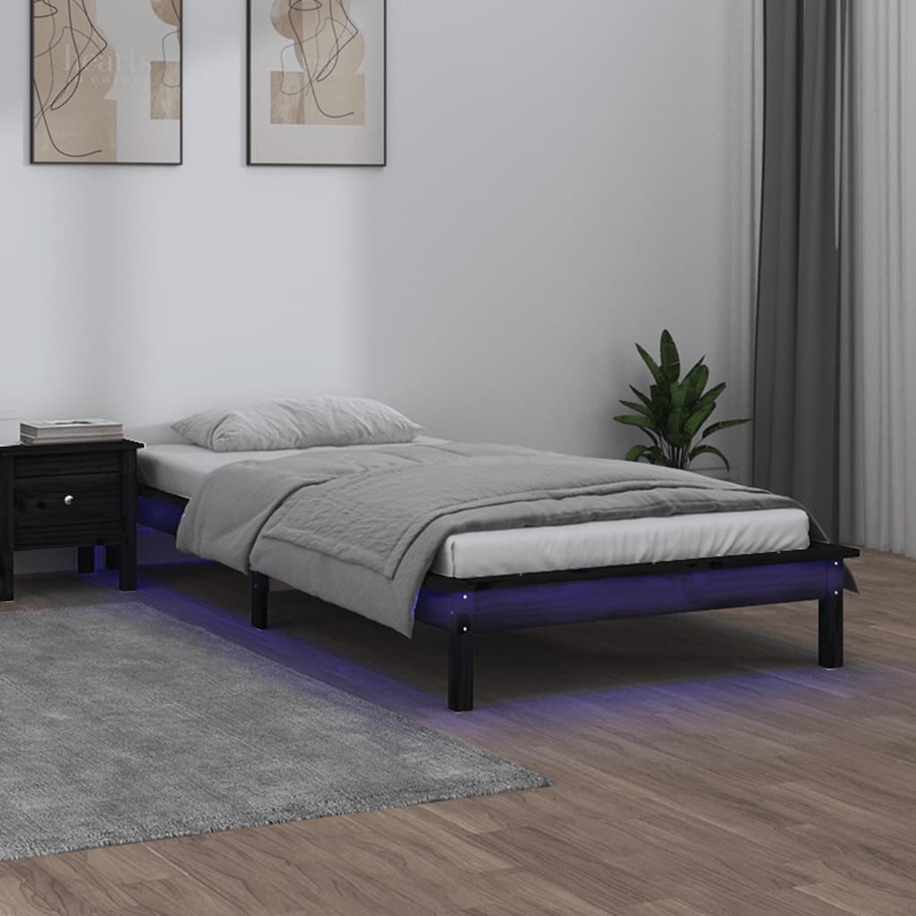 LED Bed Frame without Mattress Black 75x190 cm Small Single  Solid Wood