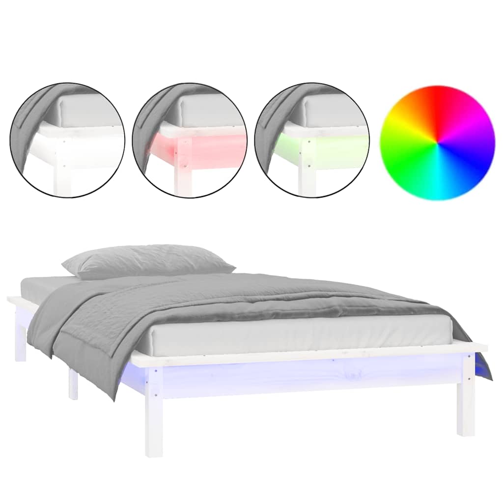 LED Bed Frame without Mattress White 90x190 cm Single Single Solid Wood