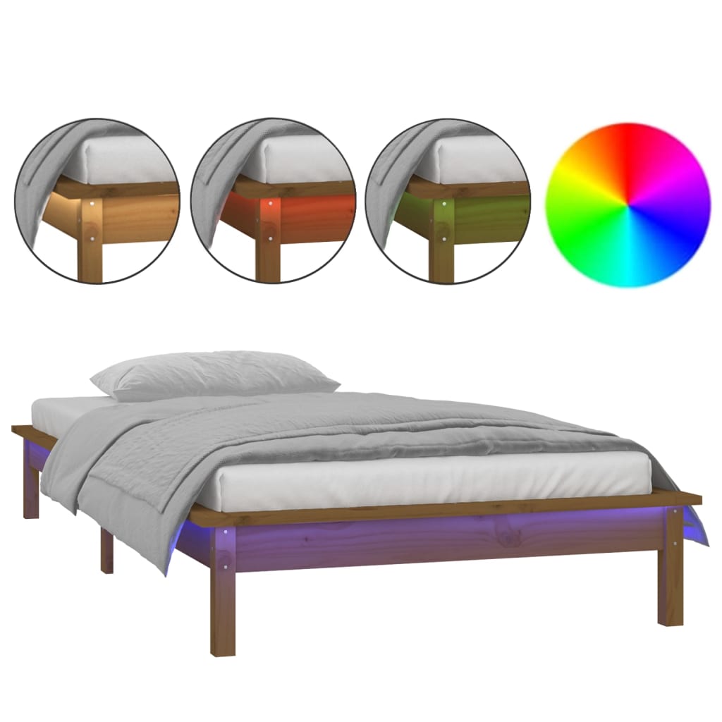 LED Bed Frame without Mattress Honey Brown 90x190 cm Single  Solid Wood