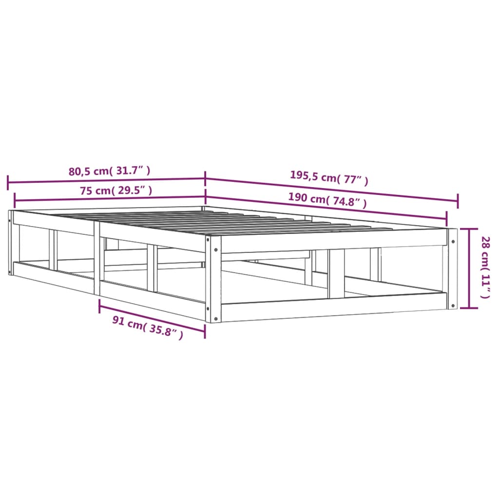 vidaXL Bed Frame without Mattress Black 75x190 cm Small Single  Solid Wood