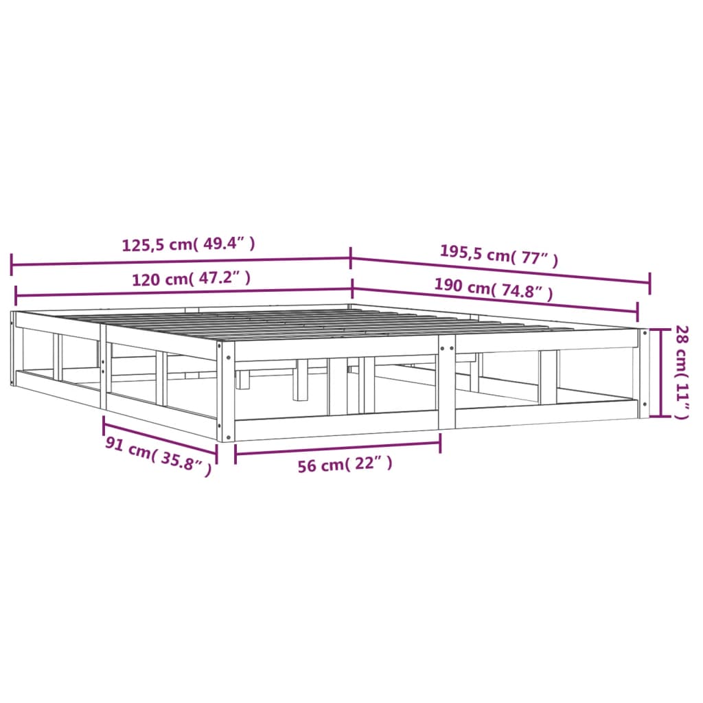 vidaXL Bed Frame without Mattress Grey 120x190 cm Small Double  Solid Wood