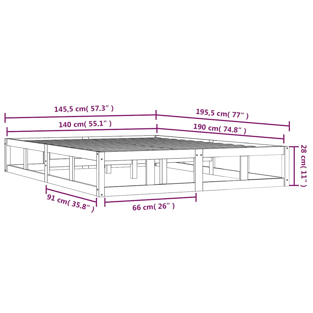 Bed Frame | Black | Solid pinewood, Plywood | 140x190 cm |  Durable