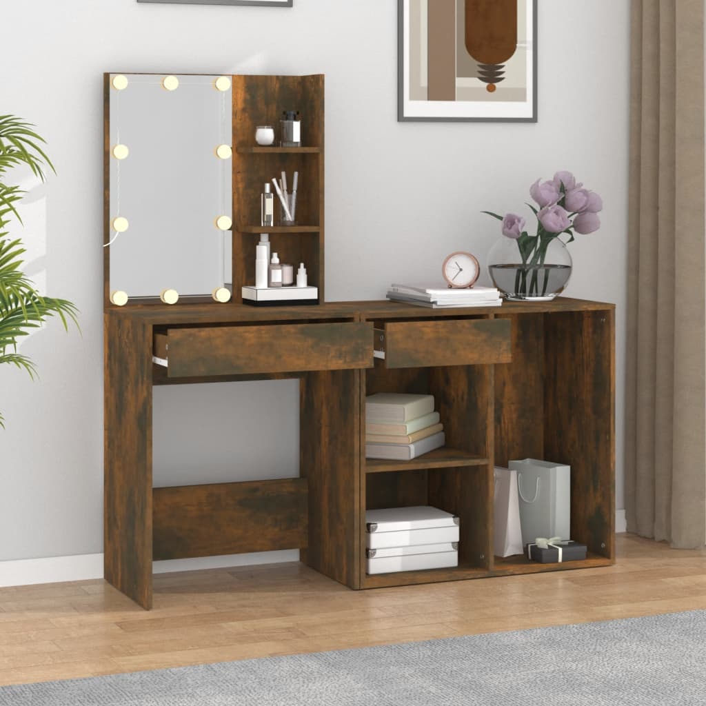 vidaXL LED Dressing Table with Cabinet Smoked Oak Engineered Wood