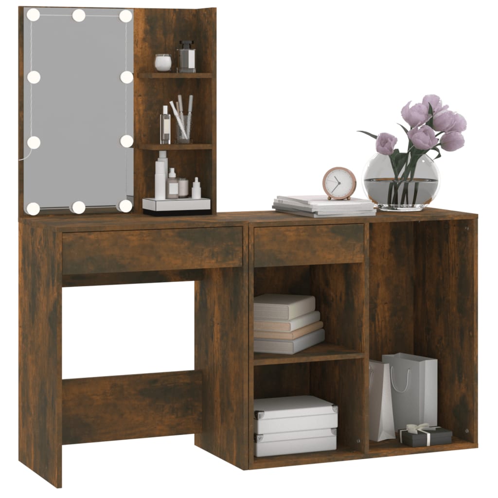 vidaXL LED Dressing Table with Cabinet Smoked Oak Engineered Wood