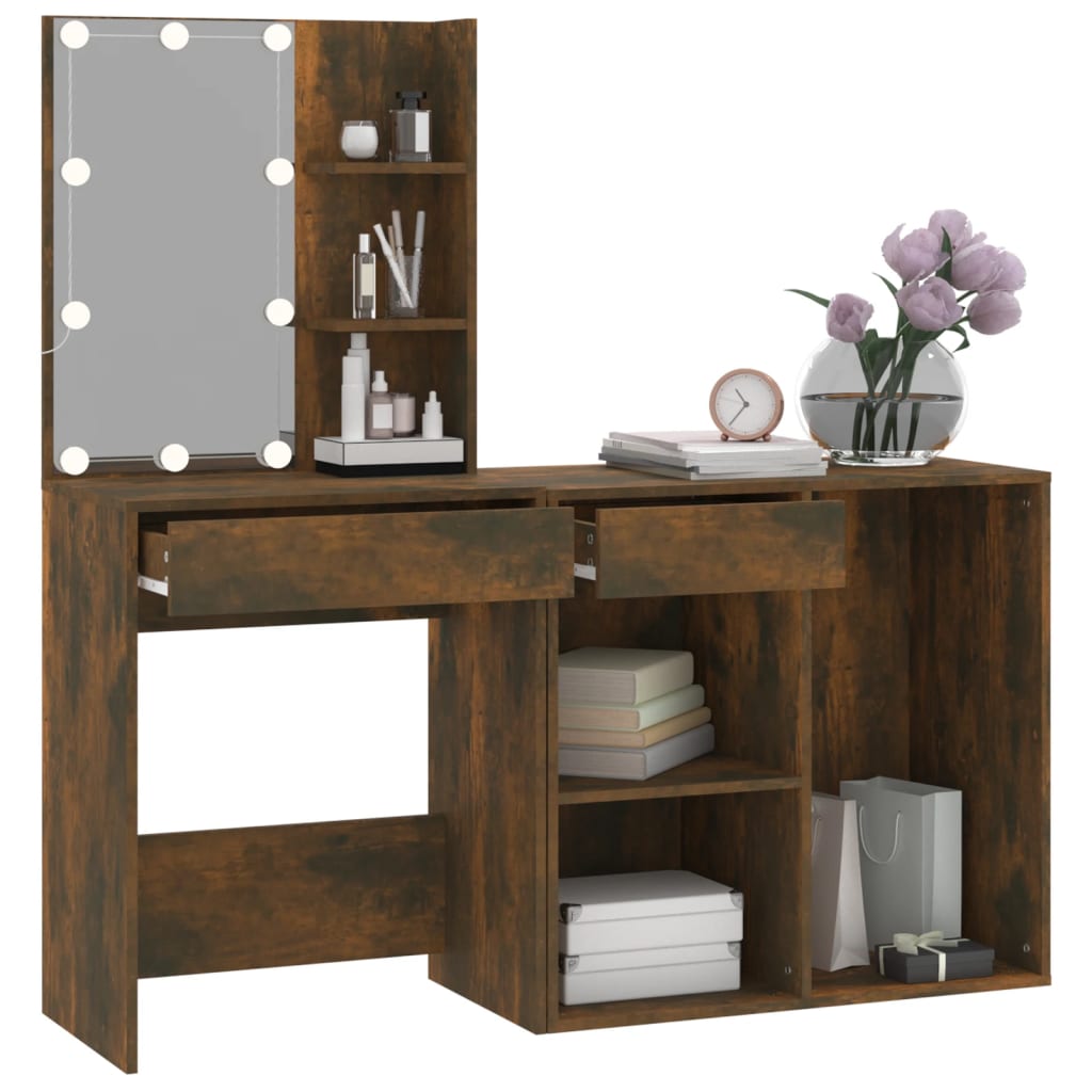 vidaXL LED Dressing Table with Cabinet Smoked Oak Engineered Wood