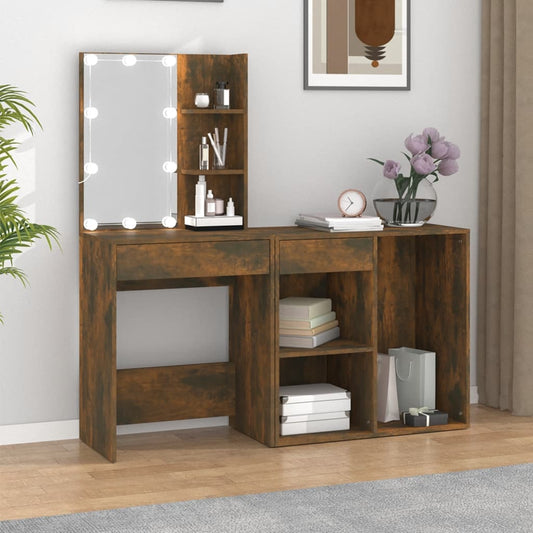 vidaXL LED Dressing Table with Cabinet Smoked Oak Engineered Wood