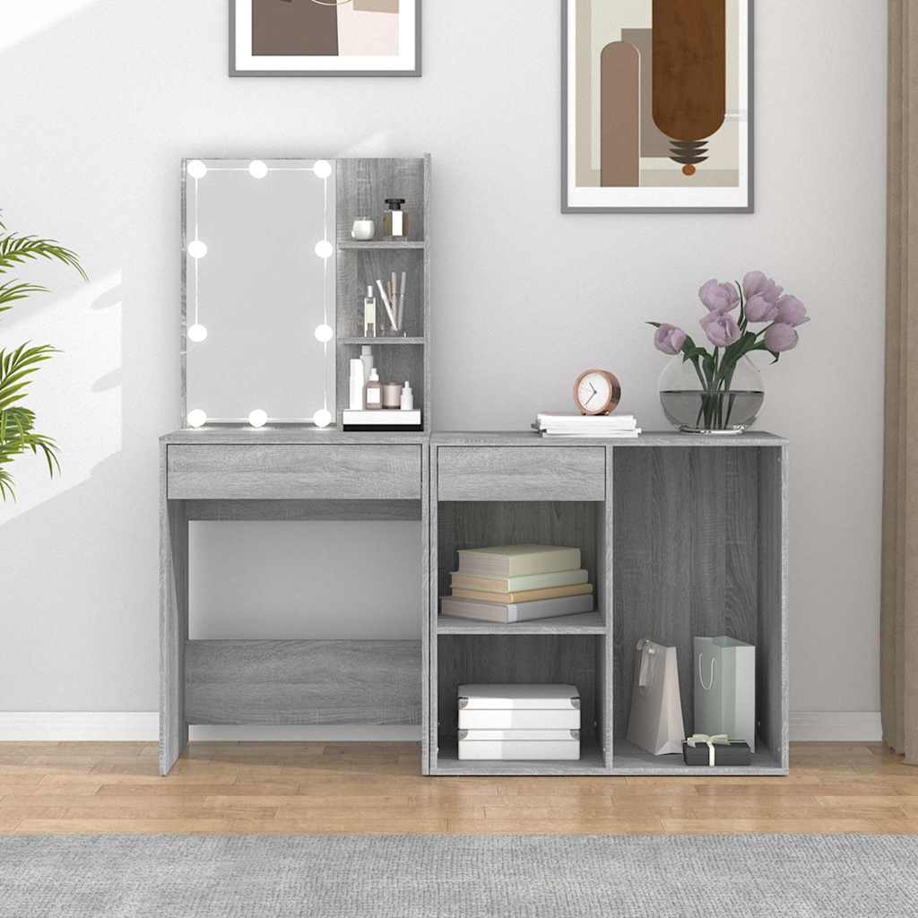 LED Dressing Table with Cabinet Grey Sonoma Engineered Wood
