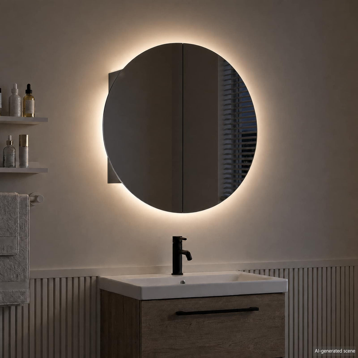 Bathroom Cabinet with Round Mirror&LED Black 40x40x17,5 cm