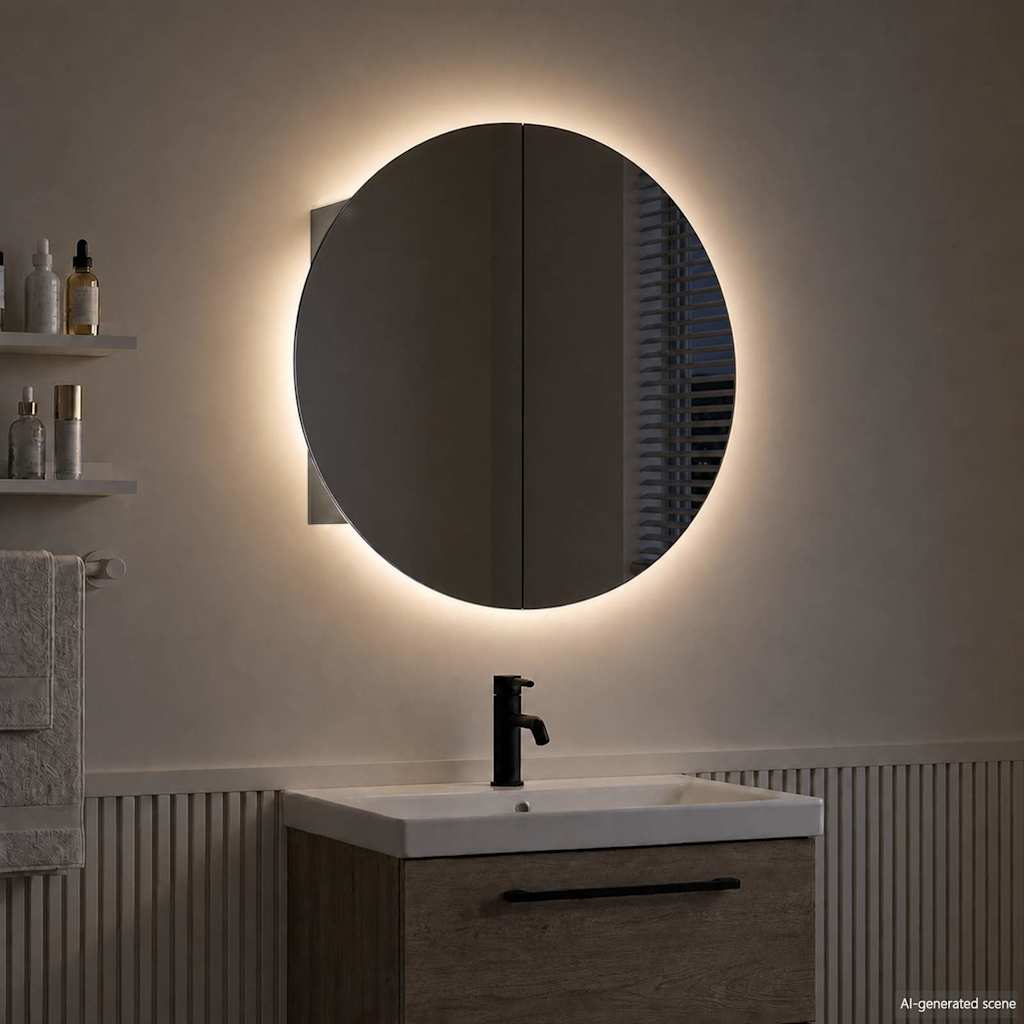 Bathroom Cabinet with Round Mirror&LED Grey 40x40x17.5 cm
