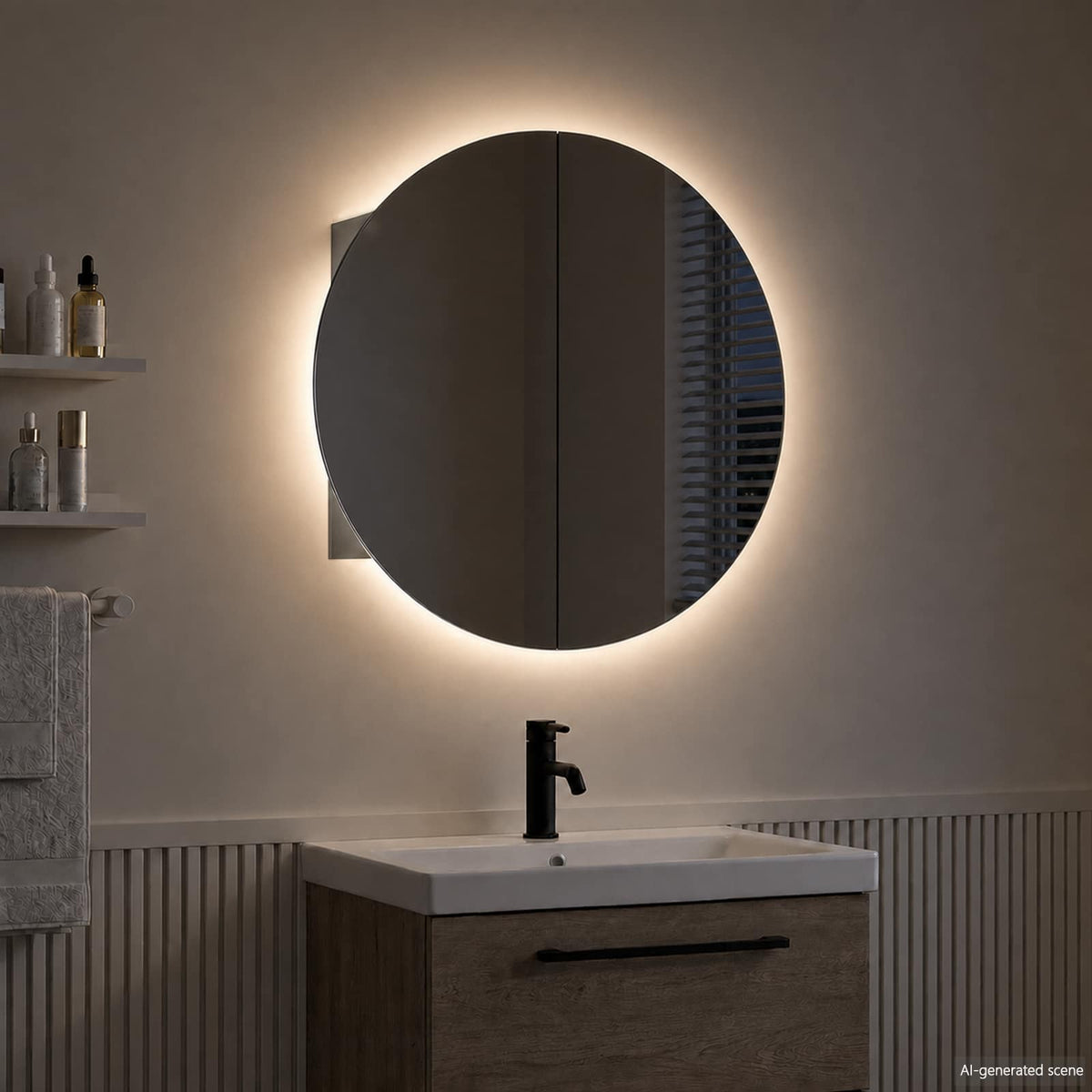 Bathroom Cabinet with Round Mirror&LED Grey 40x40x17,5 cm