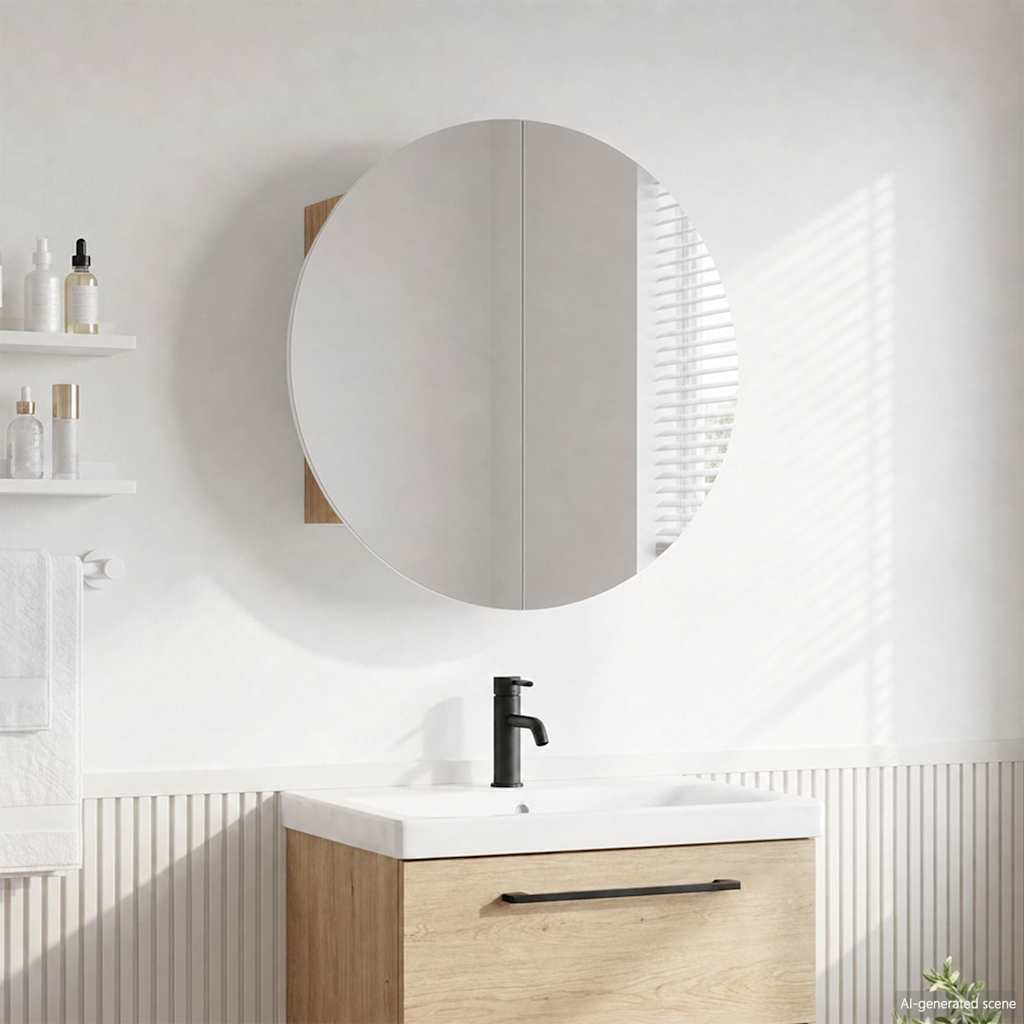 Bathroom Cabinet with Round Mirror&LED Oak 40x40x17.5 cm