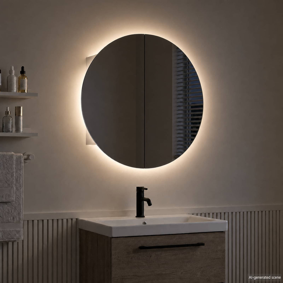 Bathroom Cabinet with Round Mirror&LED White 54x54x17,5 cm