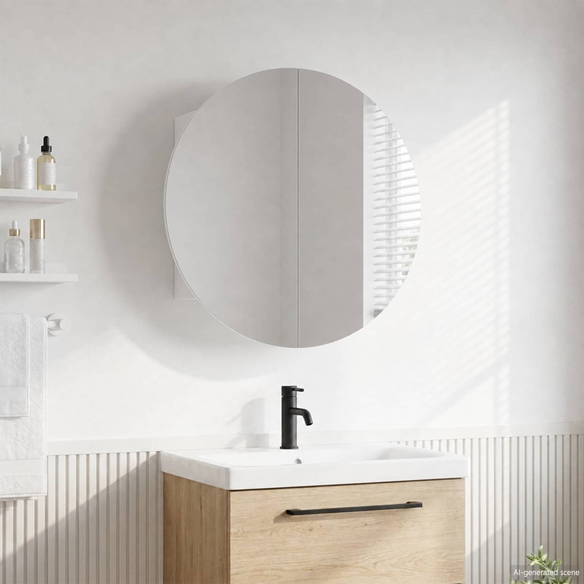 Bathroom Cabinet with Round Mirror&LED White 54x54x17,5 cm